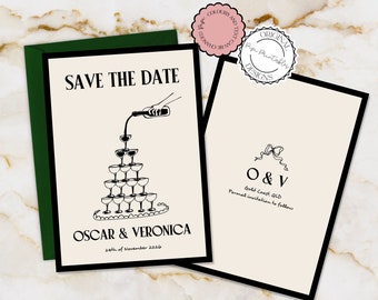 Hand Drawn Save The Date Invitation Template Champagne Tower Illustration Handwritten Wedding Save The Dates Card Scribble Illustrated 90s