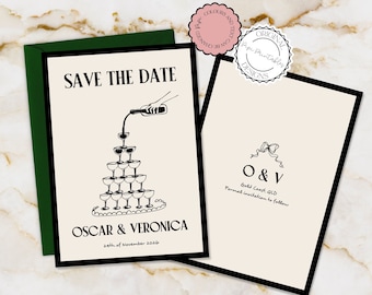 Hand Drawn Save The Date Invitation Template Champagne Tower Illustration Handwritten Wedding Save The Dates Card Scribble Illustrated 90s