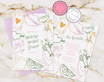 May include: A printable bridal shower invitation with a pink, green, and yellow color scheme. The invitation features illustrations of hearts, a cocktail glass, a lobster, and a dove. The text on the invitation reads "You're invited to Blakely's Bridal Shower 22.09.2026" and "The Details".