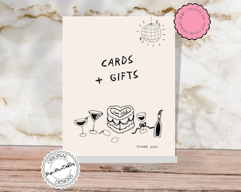 Cards + Gifts Sign Template Hand Drawn Scribble Illustrations Cute Retro Whimsical Wedding Gift Table Signage Disco Illustrated Event Sign L