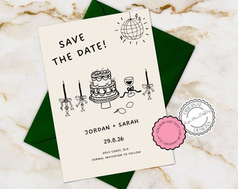 Save The Date Invitation Template Fun Hand Drawn Scribble Illustrations Wedding Save The Dates Handwritten Illustrated Save Our Date Cards