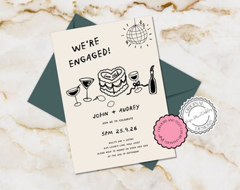 Hand Drawn Engagement Party Invitation Template Scribble Illustration Engagement Invites Handwritten Were Engaged Celebration Party Invite l