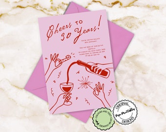 Illustrated 30th Birthday Invitation Template Cheers To 30 Years Invitation Hand Drawn Illustration 30th Invites Scribble Thirty Invitation