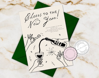 Puede incluir: Una invitación a una fiesta de Nochevieja con una ilustración en blanco y negro de personas sirviendo vino y celebrando con fuegos artificiales. El texto dice "Cheers to the New Year!" e incluye detalles sobre la fecha, la hora y el lugar de la fiesta.