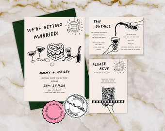 Illustrated Wedding Suite Template Hand Drawn Scribble Illustrations Handwritten Wedding Invitation RSVP Printable Unique Wedding Invites l