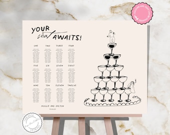 Wedding Seating Chart Template Fun Hand Drawn Champagne Tower Cute People Scribble Illustration Seating Plan Handwritten Reception Sign 9n