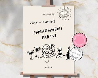 Engagement Party Welcome Sign Template Hand Drawn Scribble Illustration Were Engaged Printable Handwritten Signage Illustrated Party Decor l