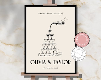 Hand Drawn Wedding Welcome Sign Template Old Money Champagne Tower Scribble Illustration Reception Sign Retro Vintage Illustrated Decor 90s