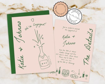 Plantilla de invitación a fiesta de compromiso dibujada a mano Ilustraciones de garabatos Invitaciones de compromiso ilustradas con champán Invitaciones a fiestas retro vintage