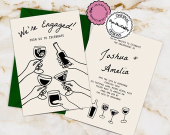 Illustrated Engagement Party Invitation Template Scribble Illustrations Cheers Engagement Invitations Hand Drawn Engaged Celebration Invite