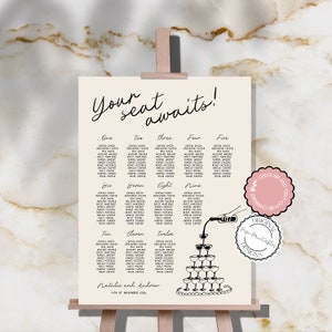 Wedding Seating Chart Template Hand Drawn Champagne Tower Scribble Illustration Guest Seating Plan Handwritten Reception Sign Illustrated 10