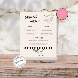 Hand Drawn Bar + Drinks Menu Template Scribble Illustration Fun Disco Wedding Bar Menu Decor Illustrated Handwritten Cocktail Menu Signage L