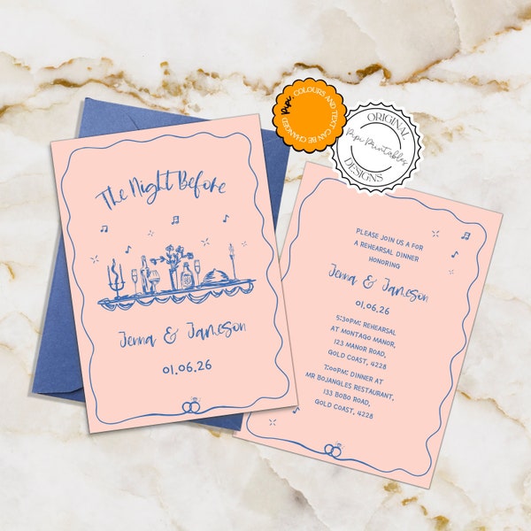 Modèle d’invitation au dîner de répétition illustré de gribouillis dessiné à la main la veille du mariage, invitation manuscrite à un dîner