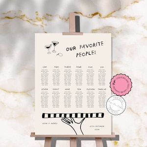 Plantilla de tabla de asientos de boda Ilustraciones de garabatos dibujadas a mano Plan de asientos para invitados Signo de recepción escrito a mano Decoración de boda ilustrada L