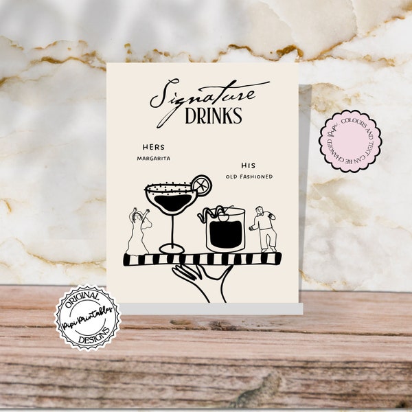 Signature Drinks Sign Template Cute People Hand Drawn Scribble Illustrations Wedding Cocktail Menu Illustrated Custom Cocktails Bar Sign 9n