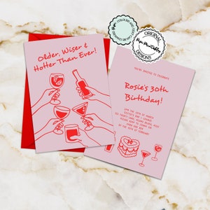 May include: A pink and red birthday invitation with the text "Rosie's 30th Birthday!" and details about the party. The invitation features a red cake with a heart-shaped top and the number 30 on it.