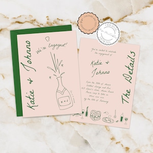 Hand Drawn Engagement Party Invitation Template Scribble Illustrations Champagne Illustrated Engagement Invites Retro Vintage Party Invites