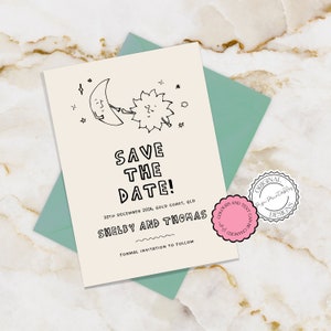 Geïllustreerd Save The Date-uitnodigingssjabloon Hemelse Handgetekende Krabbelillustraties Bruiloft Save Our Date-kaarten Handgeschreven uitnodigingen