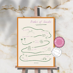 Illustrierter Auftrag der Ereignisse Hochzeitsschild Vorlage Hochzeitstag Timeline Signage Scribble Illustration Hochzeitsschild Auftrag des Tages Poster 08