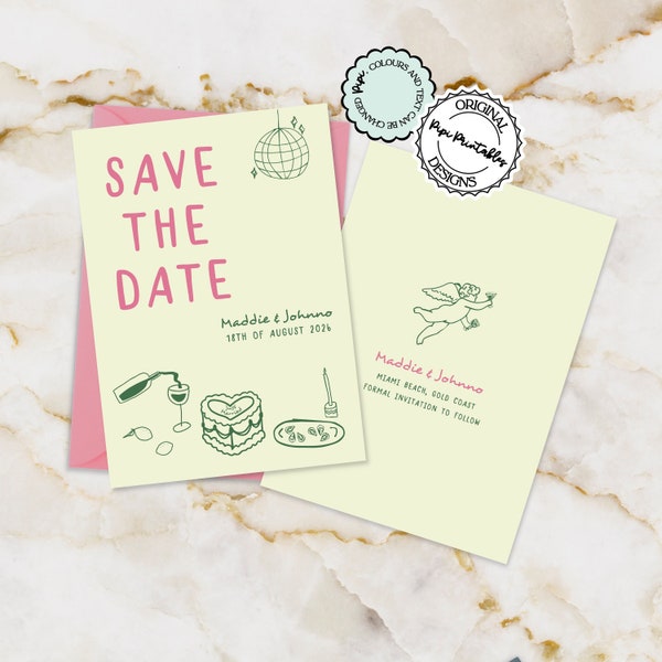 Hand Drawn Save The Date Invitation Template Colorful Scribble Illustrations Save Our Dates Fun Illustrated Save The Date Invites Unique