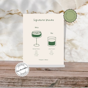 Plantilla de letrero de bebidas exclusivas dibujadas a mano Ilustraciones de garabatos Menú de cócteles de boda escrito a mano Cócteles personalizados ilustrados Letrero de barra i9