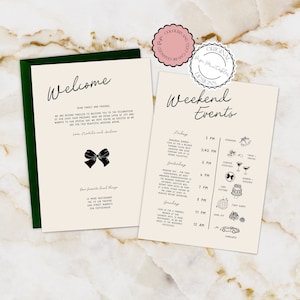 Plantilla de carta de bienvenida de boda Divertidas ilustraciones de garabatos dibujadas a mano Línea de tiempo Itinerario de boda Calendario de eventos de fin de semana Nota manuscrita 10