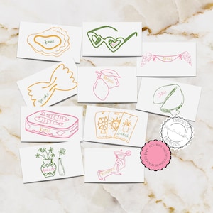 Modelo de cartão de lugar ilustrado, cartões de despedida de solteira desenhados à mão, chá de panela, ilustração de rabisco, jantar, festa, placecard #