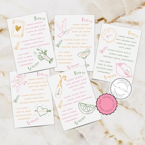Brautparty Menü Vorlage Hand Gezeichnet Dinner Party Menü Einzigartiges Hochzeitsmenu Retro Bachelorette Menu Scribble Illustrations #