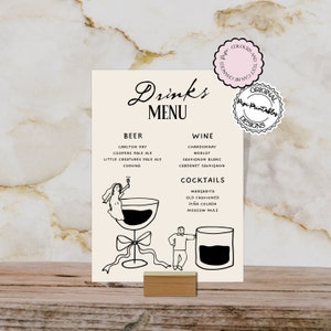 Barra dibujada a mano + Plantilla de menú de bebidas Ilustraciones de garabatos Gente linda Menú de barra de bodas Menú de cócteles escrito a mano ilustrado Señalización 9n