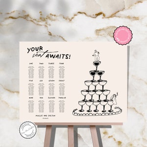 Plantilla de tabla de asientos de boda Diversión Torre de champán dibujada a mano Gente linda Ilustración de garabatos Plan de asientos Signo de recepción escrito a mano 9n