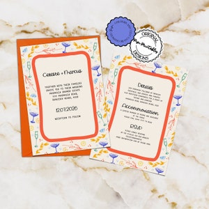Funky Hand Drawn Wedding Invitation Printable Template Colorful Scribble Illustrations Wedding Itinerary Unique Illustrated Wedding Invites