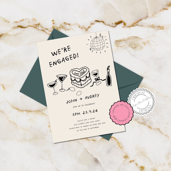 Hand Drawn Engagement Party Invitation Template Scribble Illustration Engagement Invites Handwritten Were Engaged Celebration Party Invite l