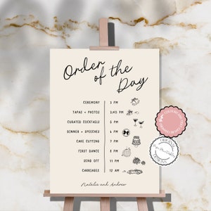 Modello di cartello dell'ordine degli eventi Illustrazioni di scarabocchi disegnati a mano Segnaletica dell'ordine del matrimonio del giorno Sequenza temporale del matrimonio scritta a mano illustrata 10