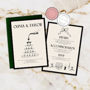 Hand Drawn Wedding Invitation Template Old Money Aesthetic Scribble Illustrated Champagne Tower Wedding Itinerary Retro Vintage Wedding 90s