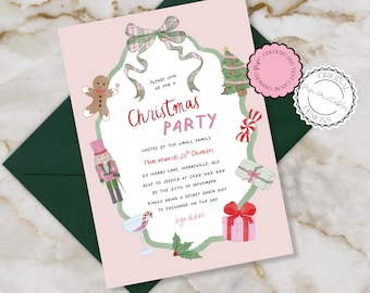 Inbjudan till julfest. Söta handritade Friendsmas-illustrationer. Färgglad akvarell inbjudan. Nyckfull julfest. Rolig julfestinbjudan.