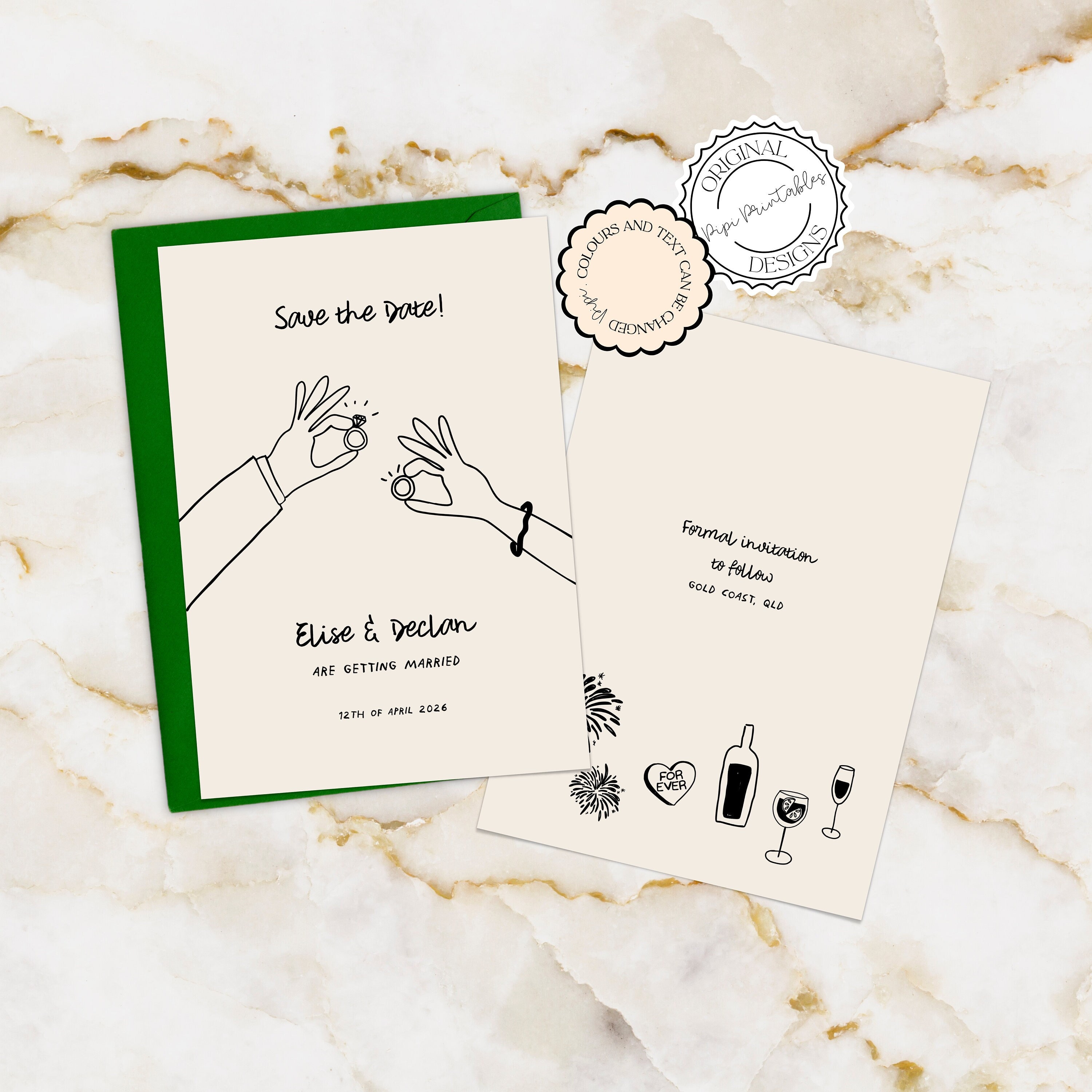 手描きの Save The Date 招待状テンプレート かわいいイラスト 手書き