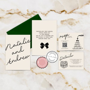 Convite de casamento desenhado à mão, modelo de suíte, dinheiro antigo, retrô, vintage, rabisco, ilustração, convite com cartão RSVP, conjunto de casamento ilustrado 10