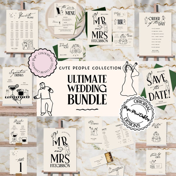 Wedding Day Templates Bundle Hand Drawn Cute People Scribble Illustrations Wedding Stationery Illustrated Wedding Package Printable Decor 9n