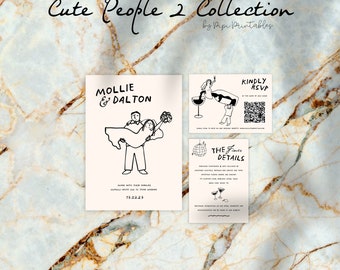 手描きの結婚式招待状スイートテンプレートかわいい人々の落書き