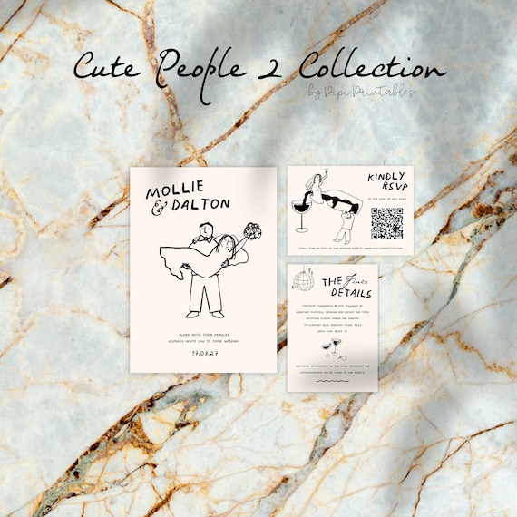 手書きの願い 手描きの結婚式招待状スイートテンプレートかわいい人々の落書き