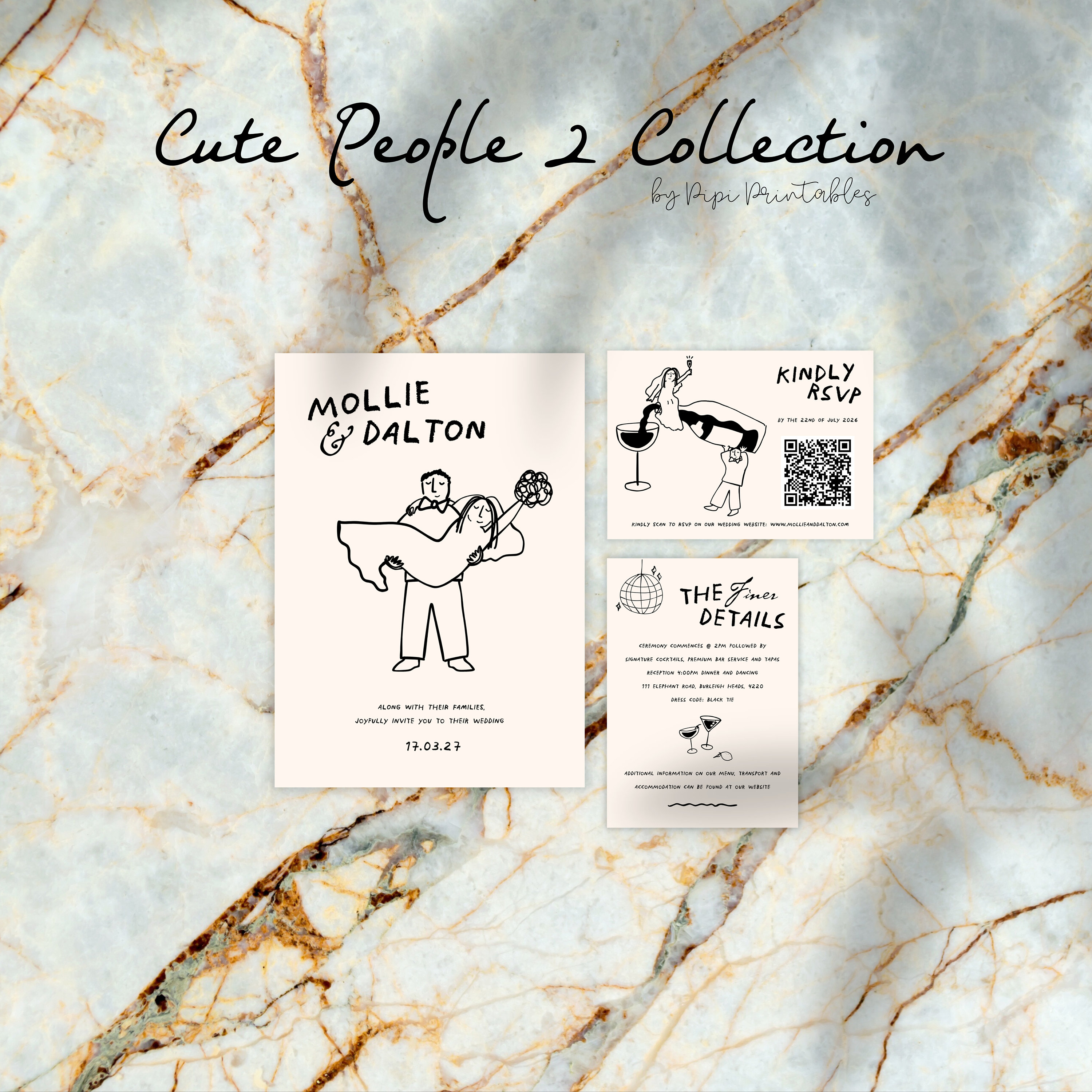 手描きの結婚式招待状スイートテンプレートかわいい人々の落書き