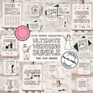 以下が含まれることがあります： 「Ultimate Wedding Bundle」と「The Fun Series」のテキストが書かれた白黒の印刷可能なウェディングバンドル。このバンドルには、「Let's Eat」、「See You There?」、「Order of Events」、「Save the Date」、「Cheers to Love」、「Table No. One」、「James and Carly」、「Custom Sign」、「Cards and Gifts」など、さまざまな印刷可能なデザインが含まれています。