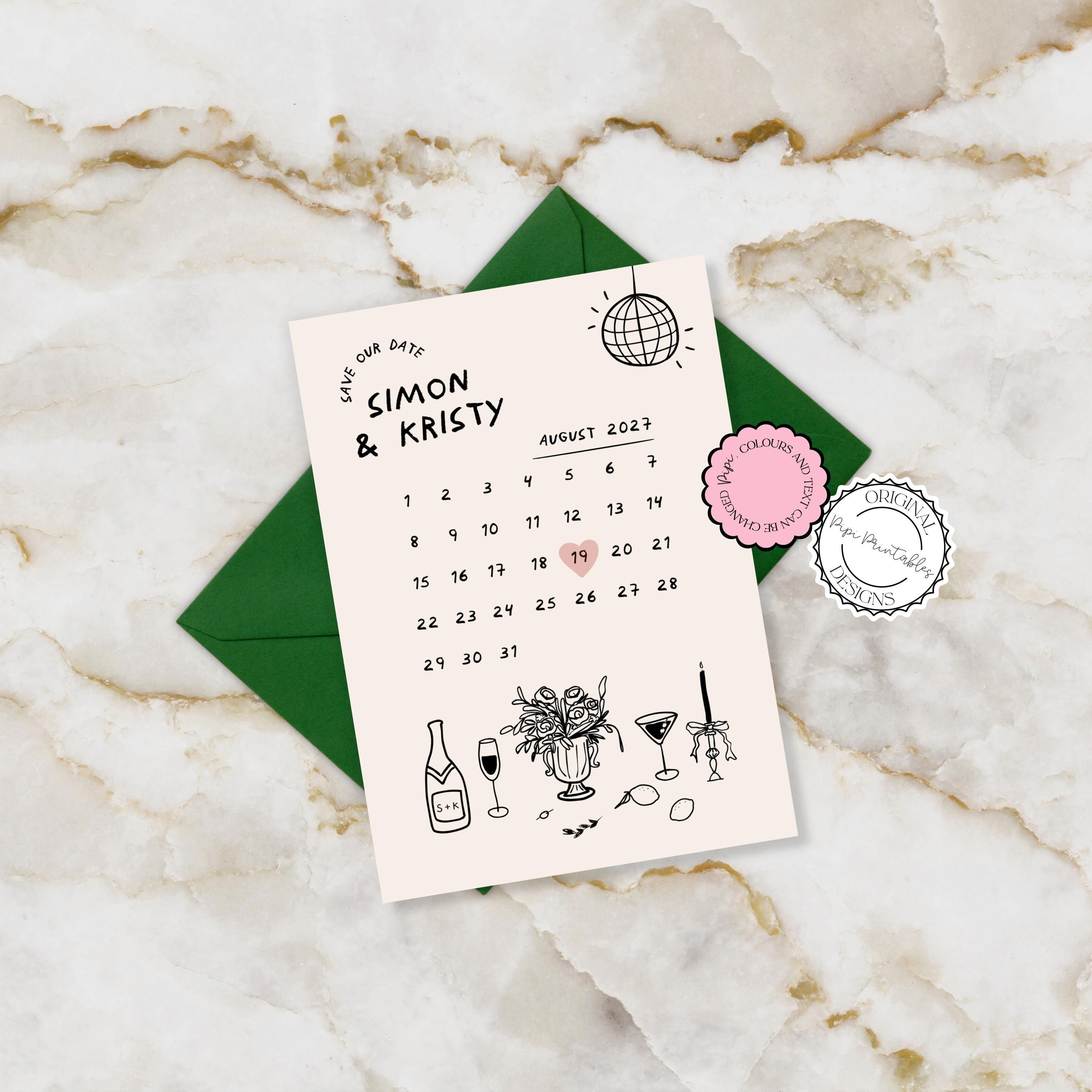 Save The Date Calendar Template Hand Drawn Save Our Date Invitation Retro Fun Illustrated Scribble Illustrations Save The Date Invite Card