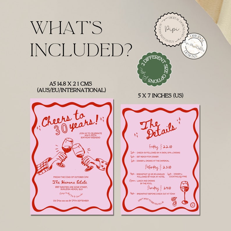 Puede incluir: Dos invitaciones imprimibles para una fiesta de cumplea&ntilde;os de 30 a&ntilde;os. La primera invitaci&oacute;n presenta un fondo rosa con texto rojo e ilustraciones de dos manos sosteniendo copas de vino. La segunda invitaci&oacute;n presenta un fondo rosa con texto rojo y un programa de eventos para el fin de semana. El texto de la primera invitaci&oacute;n dice "Cheers to 30 years!" y "The Havana Estate". El texto de la segunda invitaci&oacute;n dice "The Details" y enumera los eventos para el viernes, el s&aacute;bado y el domingo.