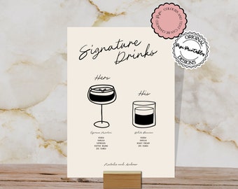 Könnte beinhalten: Ein druckbares Schild mit dem Text "Signature Drinks" und Illustrationen von zwei Cocktails. Der Text "Hers" steht über einem Cocktailglas mit dem Text "Espresso Martini" und den darunter aufgeführten Zutaten. Der Text "His" steht über einem Cocktailglas mit dem Text "White Russian" und den darunter aufgeführten Zutaten. Der Text "Natalie and Andrew" befindet sich am unteren Rand des Schildes.
