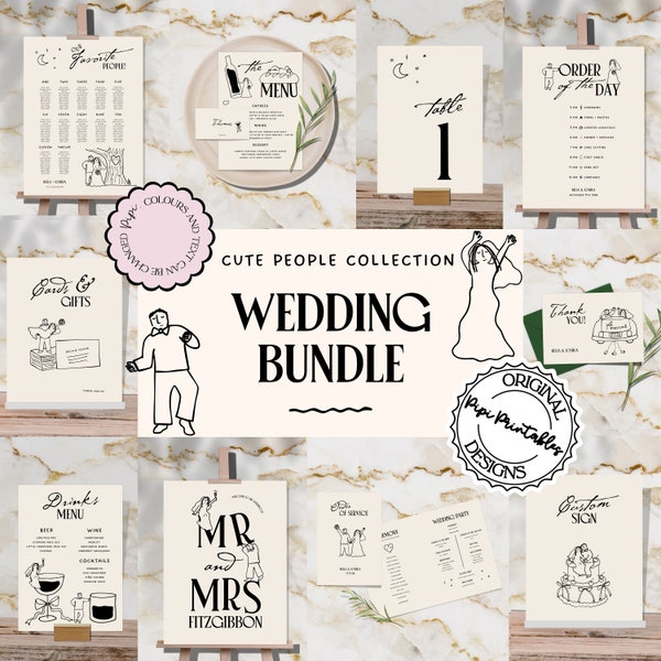 Wedding Day Templates Bundle Hand Drawn Cute People Scribble Illustrations Wedding Stationery Illustrated Wedding Decorations Printable 9n