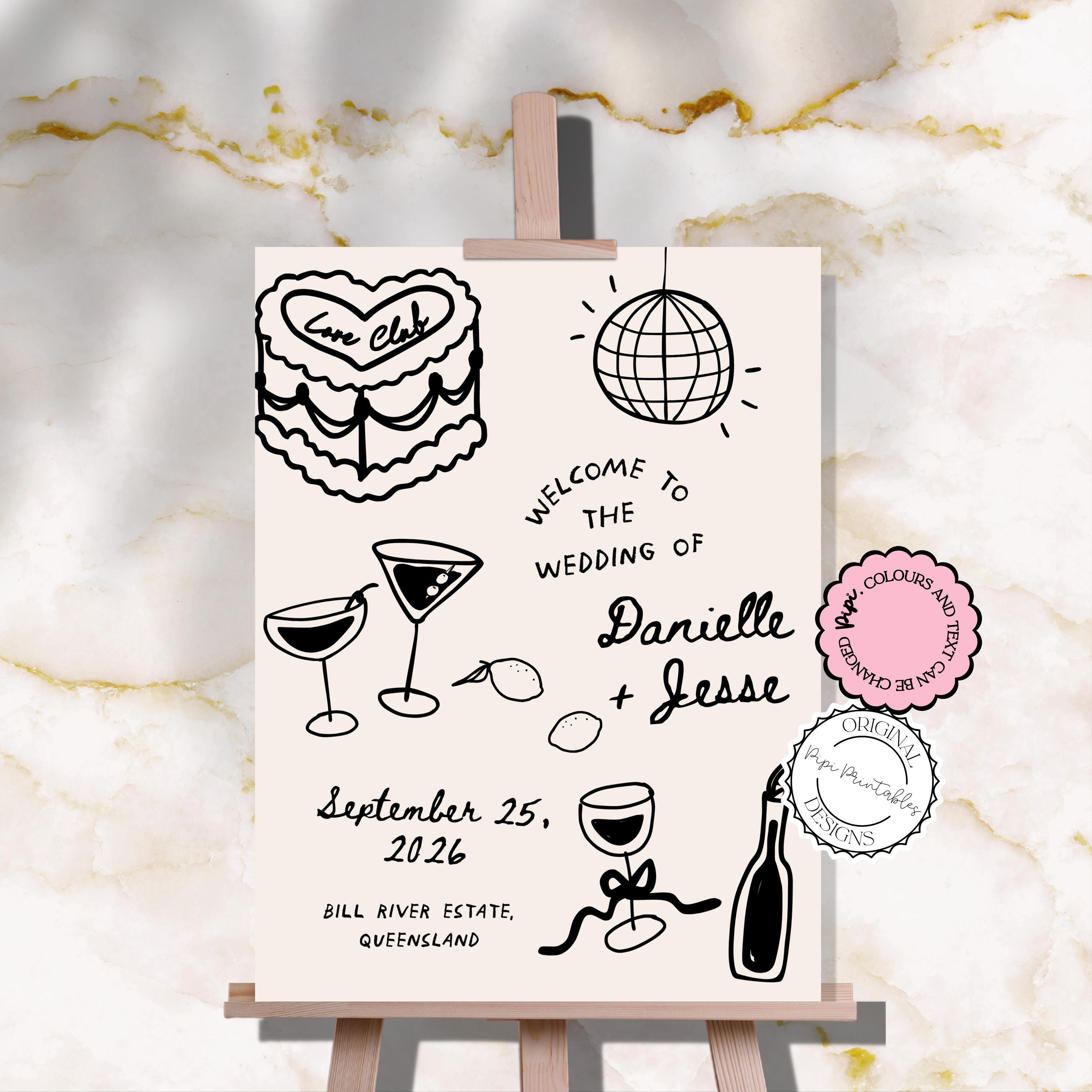Hand Drawn Wedding Welcome Sign Fun Champagne Tower Scribble Illustrations Handwritten Reception Sign Illustrated Welcome To Our Wedding j6