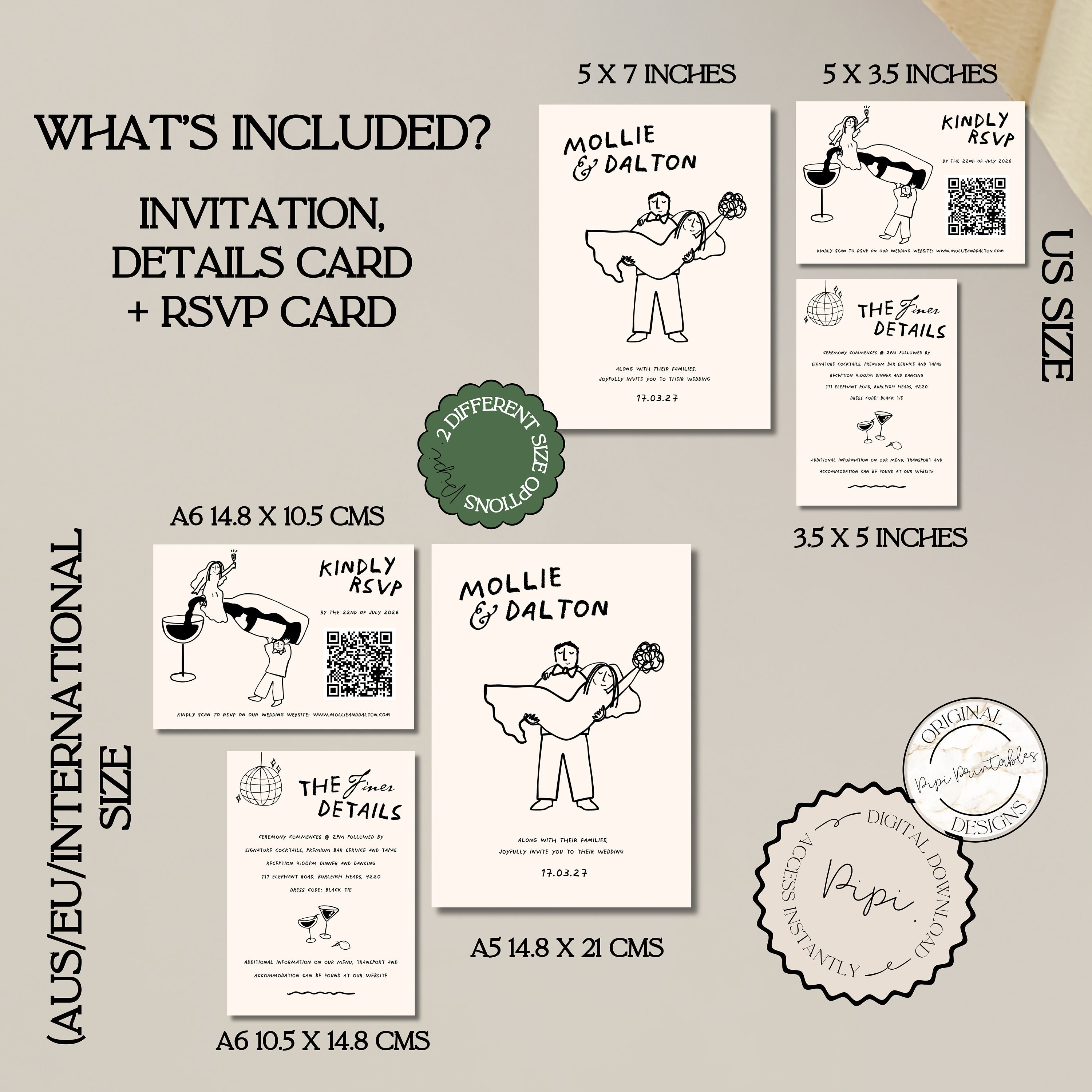 手描きの結婚式招待状スイートテンプレートかわいい人々の落書き