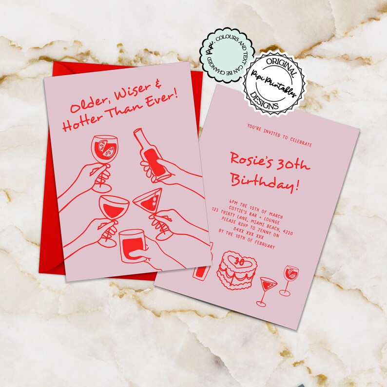 May include: A pink and red birthday invitation with the text "Rosie's 30th Birthday!" and details about the party. The invitation features a red cake with a heart-shaped top and the number 30 on it.