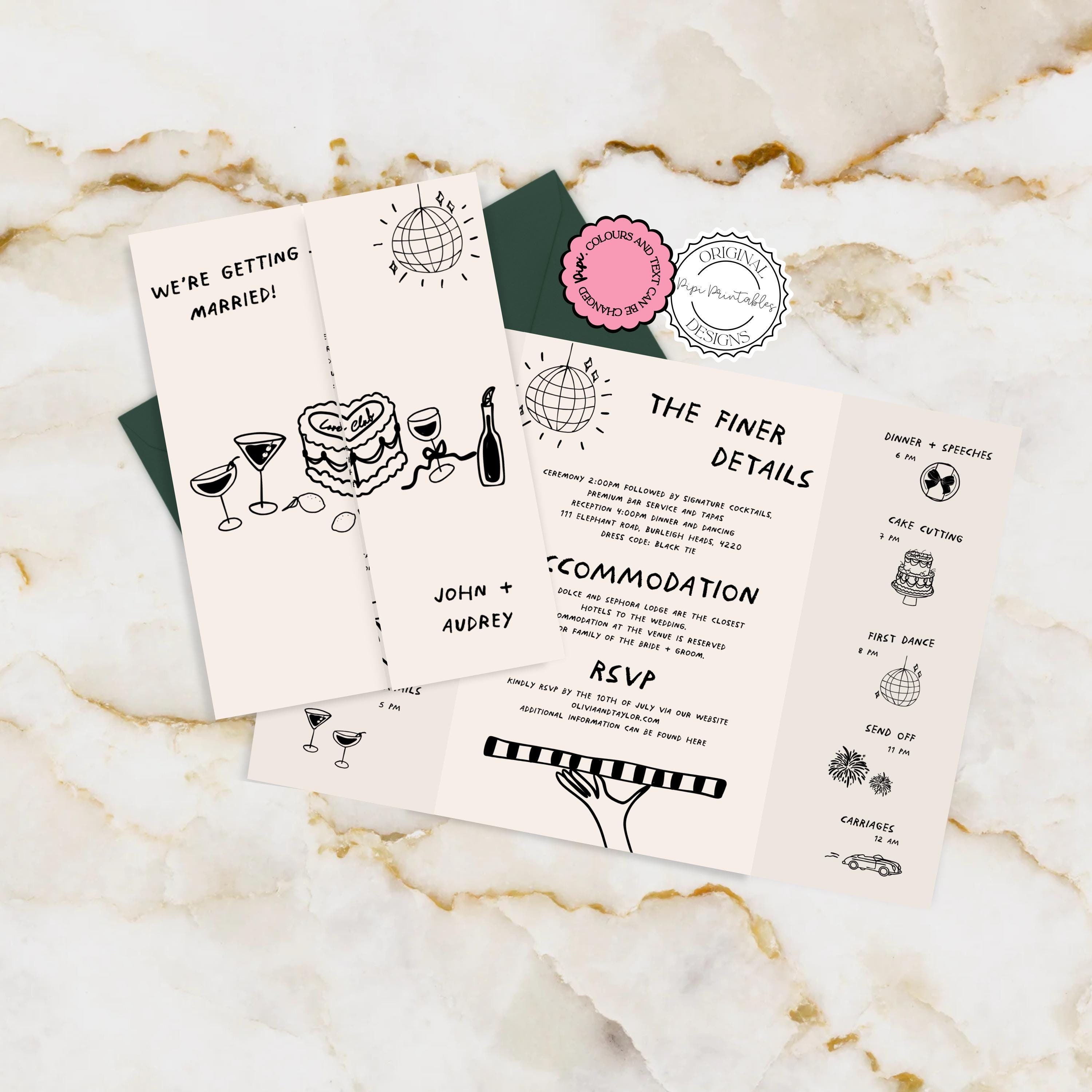 Hand Drawn Gatefold Invitation Template Whimsical Wedding